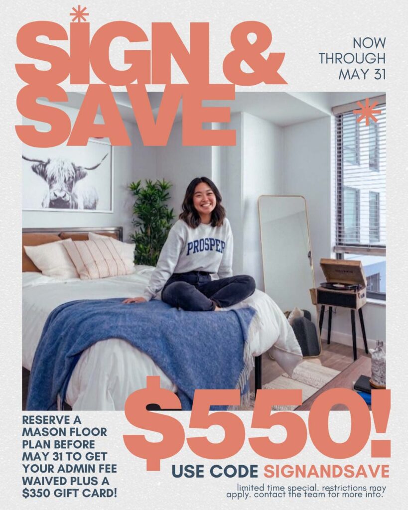 Apartment promotion: Sign & Save, $550 off with code, reserve Mason floor plan by May 31, includes $350 gift card.